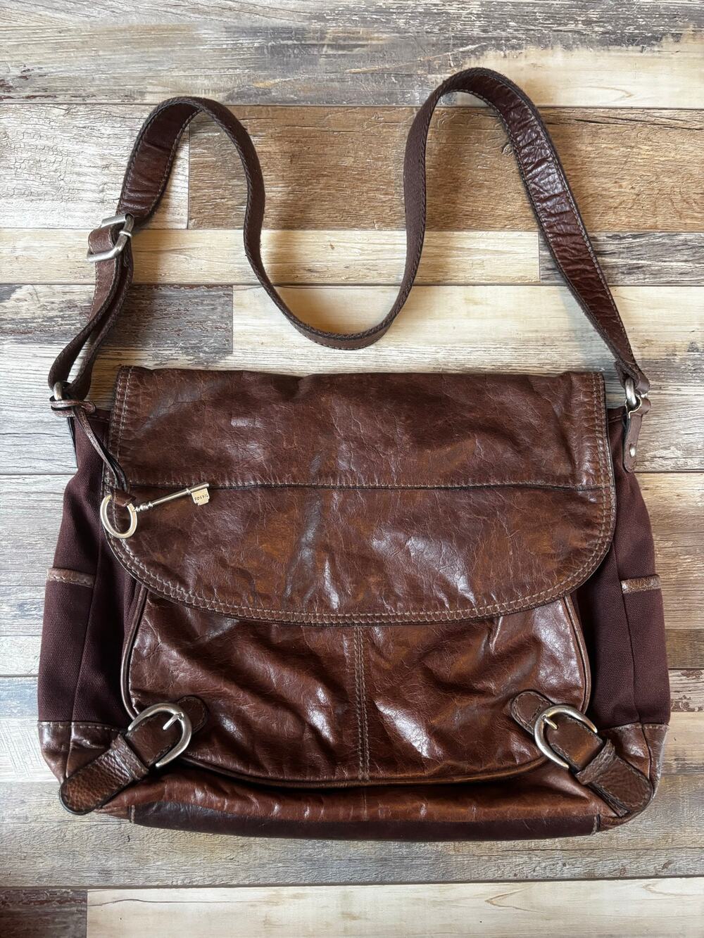 FOSSIL Messenger Bag Cross Body Brown Leather Purse Mens Womens